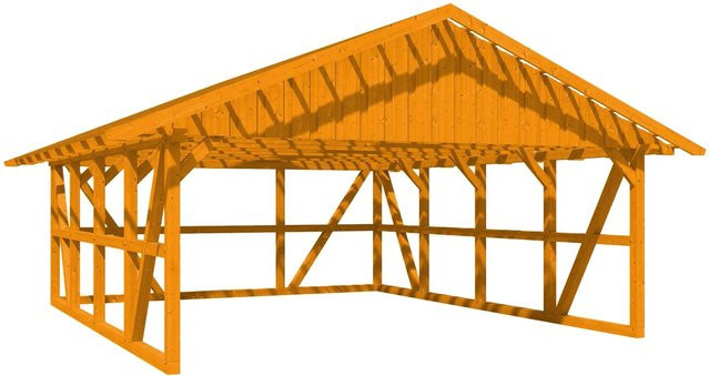 Skan Holz Carport Schwarzwald aus Fichtenholz mit Satteldach, Dachlattung und Rückwand in Eiche, B/T/H: 684 x 772 cm - Bild 1