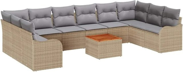 vidaXL Garten-Sofa-Set 10-teilig in Beige und Grau aus Rattan und Akazienholz mit Polyesterstoff und Armlehnen - Bild 1