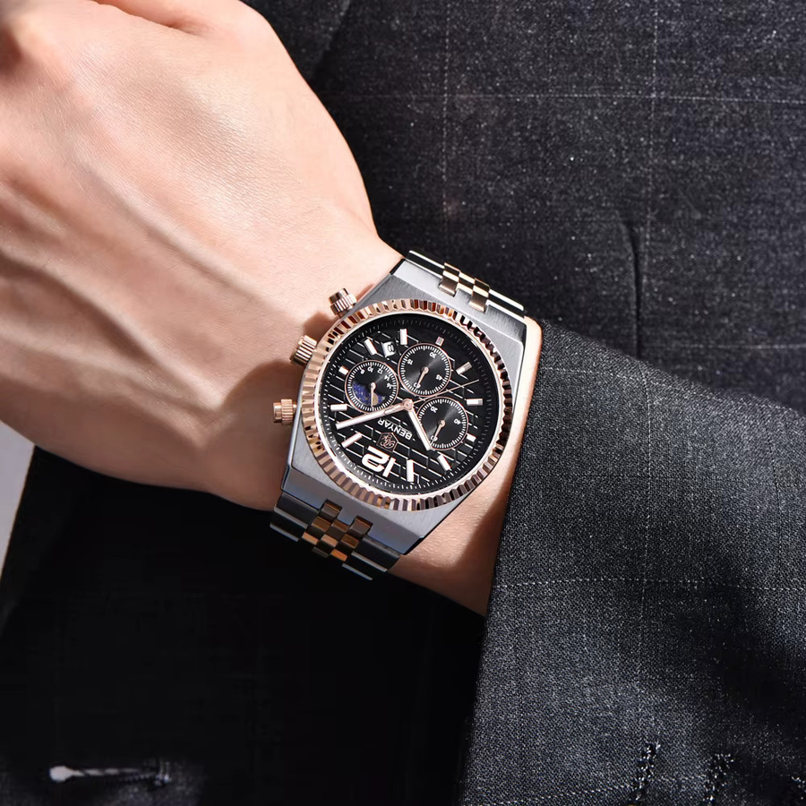 BENYAR Armbanduhr, Chronograph, Quarz, Mondphase, Edelstahl, Schwarz, Herren - Bild 2