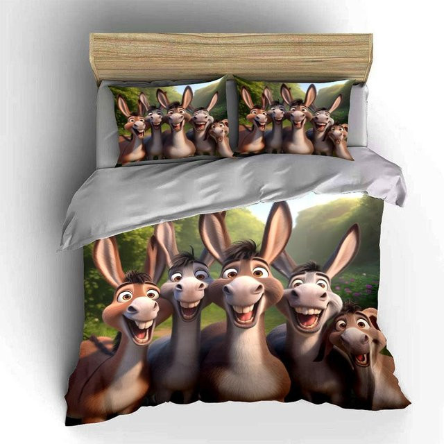 Dreiteiliges Bettwäsche-Set mit Esel-Motiv aus Mikrofaser, Mehrfarbig, B/T: 200 x 200 cm - Bild 1