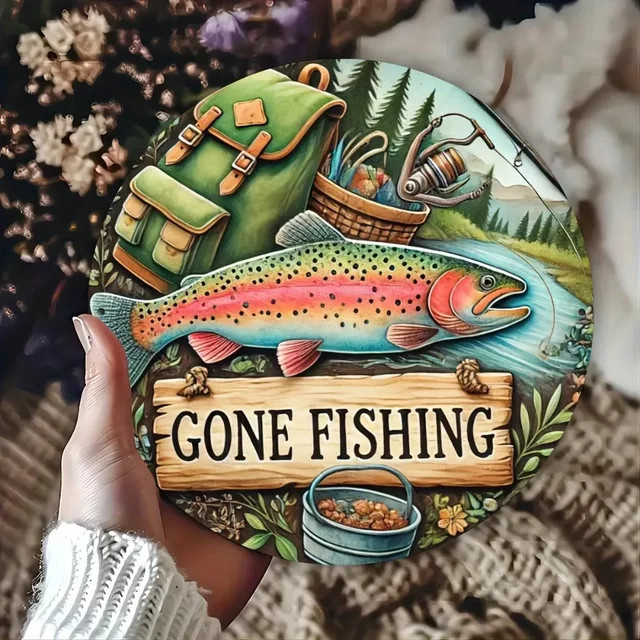 Rundes Vintage-Metallschild HELLOYOUNG Gone Fishing in Mehrfarbig mit Fisch- und Naturmotiv, Durchmesser: 20 cm - Bild 1