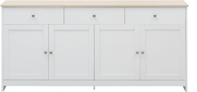 PXloue Sideboard Küchenschrank mit weißer Holzmaserung, Küchenbuffet mit 4 Türen und 3 Schubladen für Wohnzimmer, Esszimmer und Küche - Bild 1