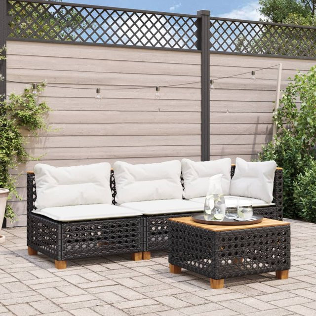 vidaXL L-Shape Gartensofa 3-Sitzer aus PE-Rattan mit Kissen in Schwarz und Akazienholz - Bild 3