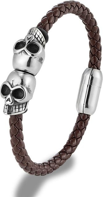 YULIN Armband Herren, geflochtenes Leder, Totenkopf, Edelstahl, 21cm - Bild 1