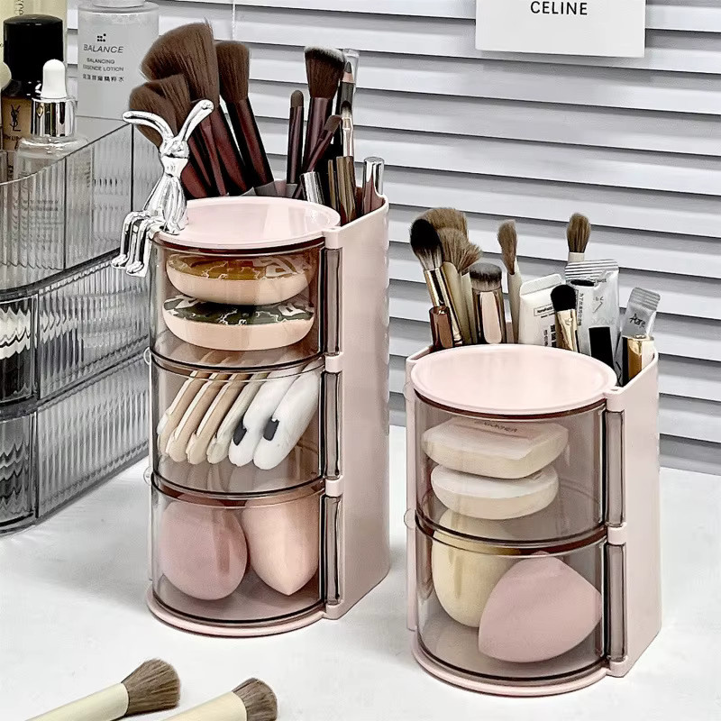 Rotierender staubdichter Kosmetik-Organizer aus Kunststoff in Pink mit Deckel für Make-up, Pinsel und Lippenstifte - Bild 3