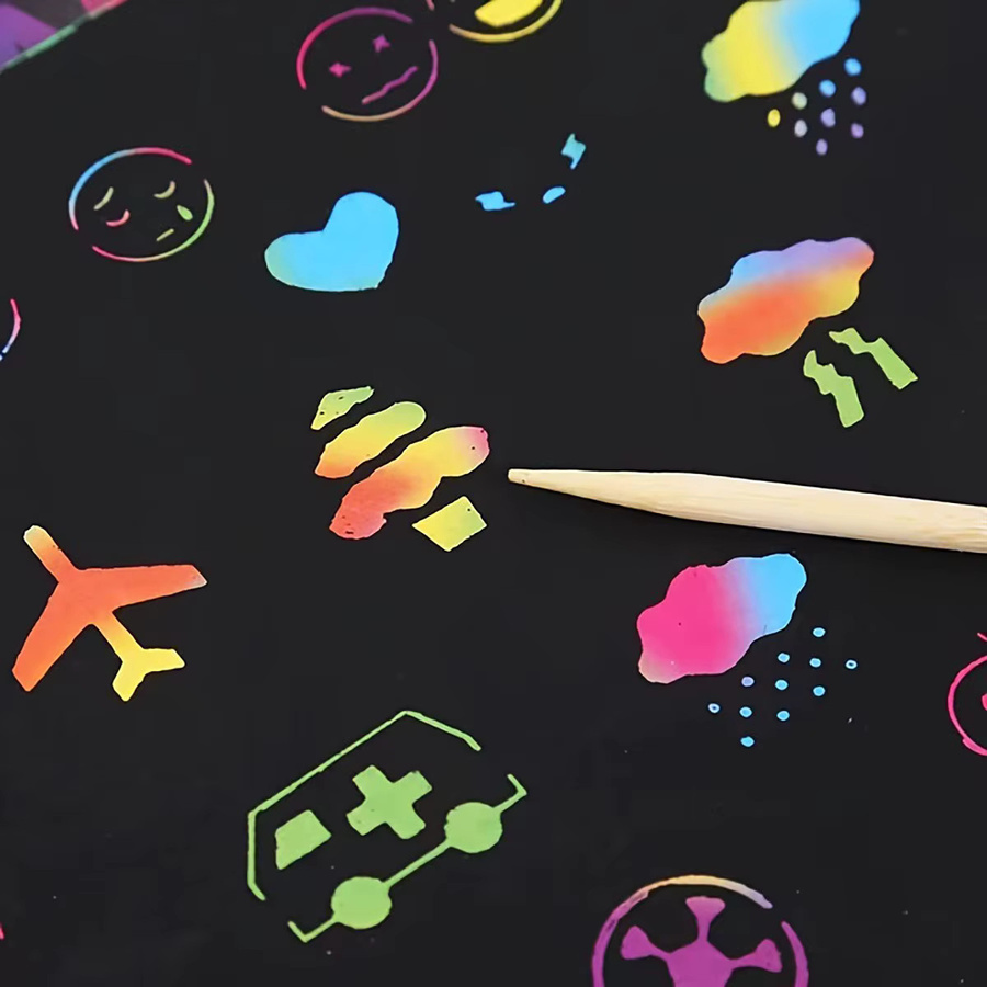 2er-Pack Regenbogen-Kratzpapier für Kinder, DIY Neon-Kratzbuch mit Holzstab, Schwarz und Mehrfarbig - Bild 3