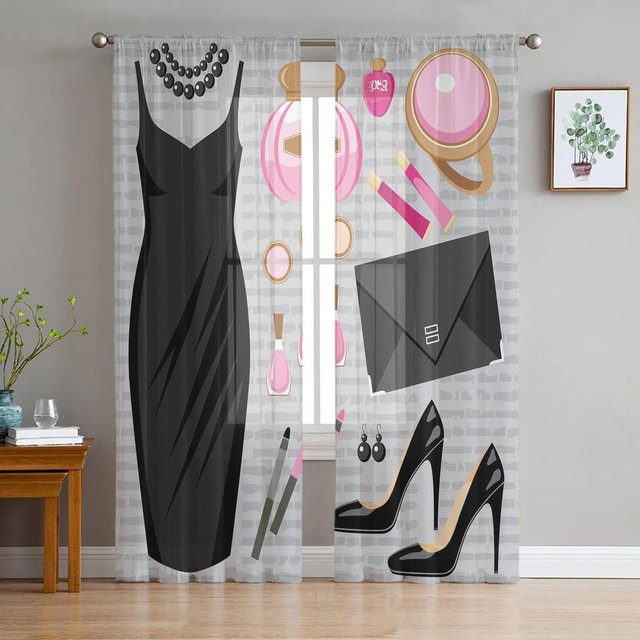 Yiran Furniture Kristall High Heels Diamant Vorhang aus schwarzem Chiffon und transparentem Tüll mit Ösen, Breite: 135 cm, Höhe: 115 cm - Bild 1
