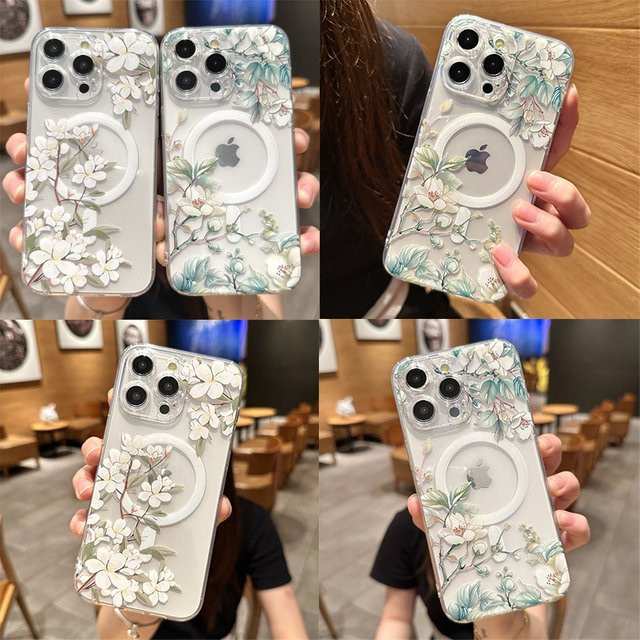 MagSafe magnetische Handyhülle mit Blumenmuster für iPhone 11 bis 16 Pro Max, Transparent, Soft TPU Cover - Bild 1