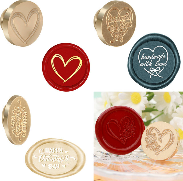 Klassischer Wachsstempel für Valentinstag mit abnehmbarem Messingkopf in Gold und Holz, ideal zum Dekorieren von Karten, Hochzeitseinladungen und Paketen - Bild 1