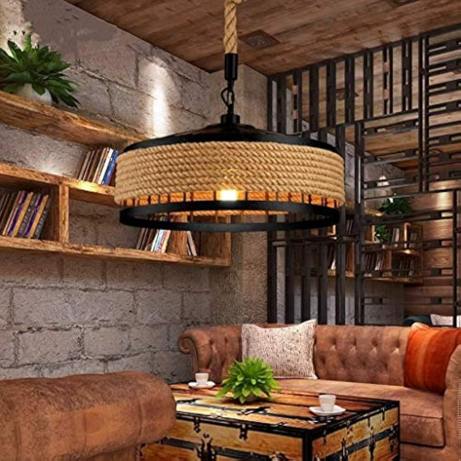 JOYINLED Vintage Hanfseil Pendelleuchte im Industriestil, runde Deckenleuchte aus Holz und Metall in Schwarz und Braun, Durchmesser: 40 cm - Bild 2