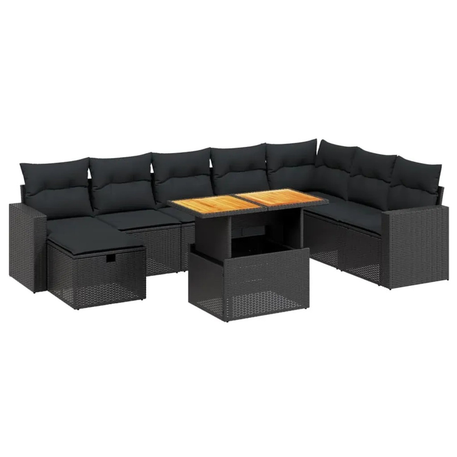 vidaXL 9-teilige Garten-Sofagarnitur aus Poly-Rattan und Akazienholz in Schwarz mit Kissen - Bild 2