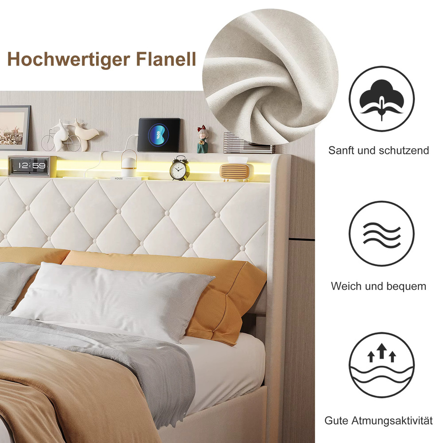 Modernes Plattformbett HYNHXBP aus Samt mit 4 Schubladen und diamantgestepptem Kopfteil in Beige, B/T/H: 90 x 200 cm, 140 x 200 cm oder 160 x 200 cm - Bild 3