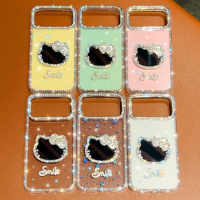 Luxus Handyhülle mit Katze, Diamant-Glitzer und Schleife für Apple iPhone 17 16 15 14 13 Pro Max Plus in Pink, stoßfeste Hardcover Spiegelhülle - Bild 1