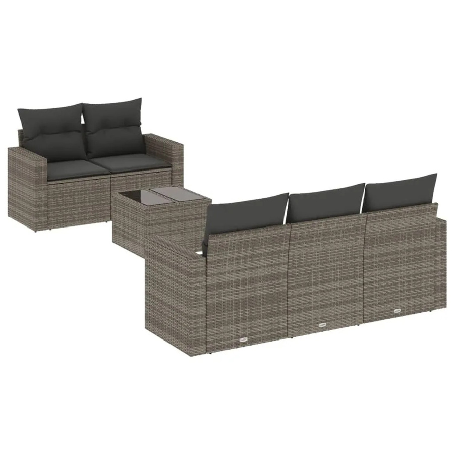 vidaXL 6-teilige Garten-Sofagarnitur in L-Form aus grauem Poly-Rattan mit Kissen und Tisch - Bild 2
