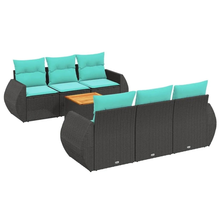 vidaXL 7-tlg. Gartensofa-Set L-Form in Schwarz mit Polyrattan und blauen Kissen für Terrasse und Garten - Bild 2