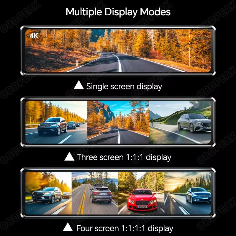 OBDPEAK A8 4CH Dashcam Rückspiegelkamera mit 11,26 Zoll Display, 4K UHD, WLAN, 4 Kameras, ADAS, BSD und 24H Parküberwachung, Schwarz - Bild 4