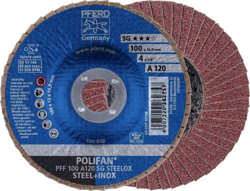 PFERD POLIFAN Fächerschleifscheibe SG STEELOX für Stahl und Edelstahl, Durchmesser: 100 mm, Bohrungs-Ø: 16 mm, Körnung: 120 - Bild 1