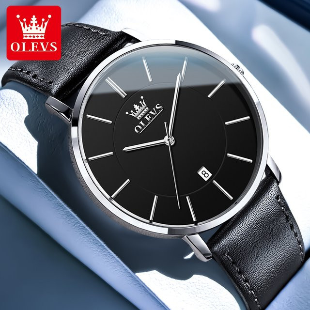 OLEVS Armbanduhr, Quarz, Edelstahl, Leder, Schwarz, Herren - Bild 1