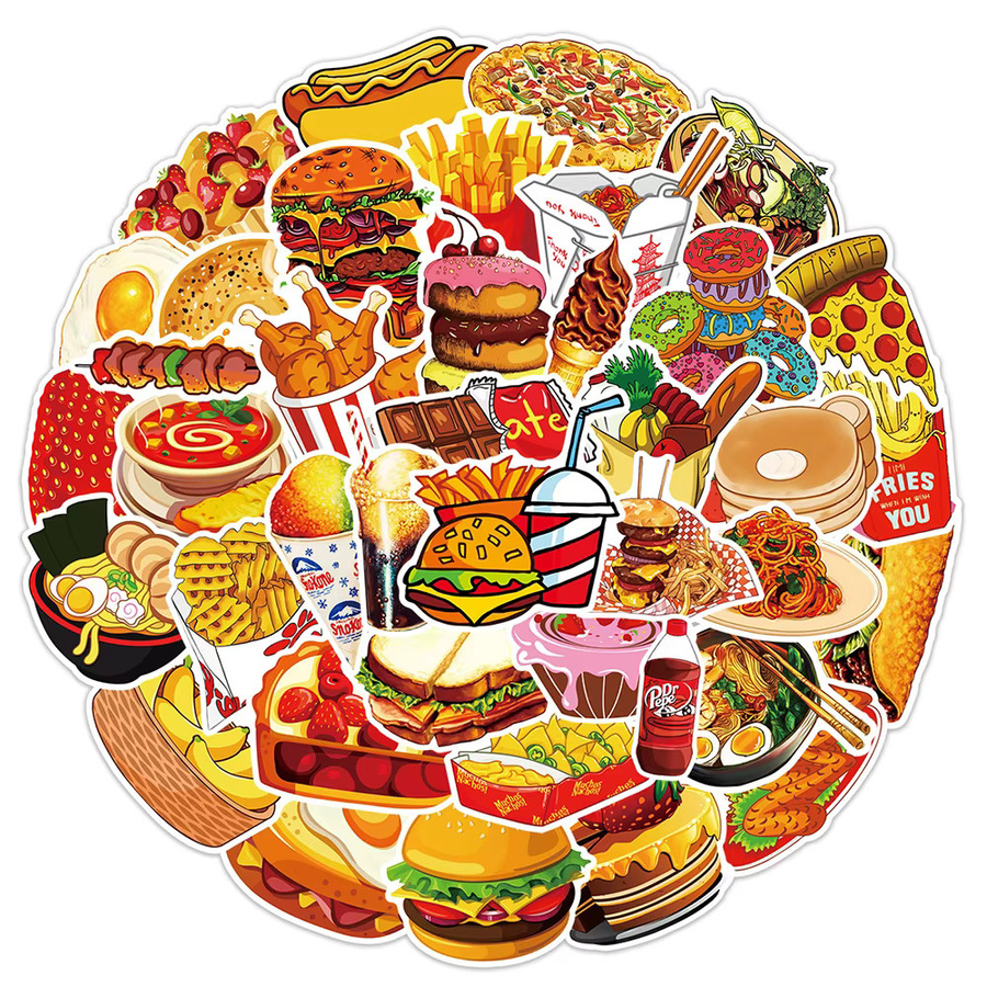 Rspctou Lebensmittel-Cartoon-Aufkleber, Hamburger, Pizza, Kuchen, wasserfester Aufkleber, 10/30/50 Stück - Bild 2