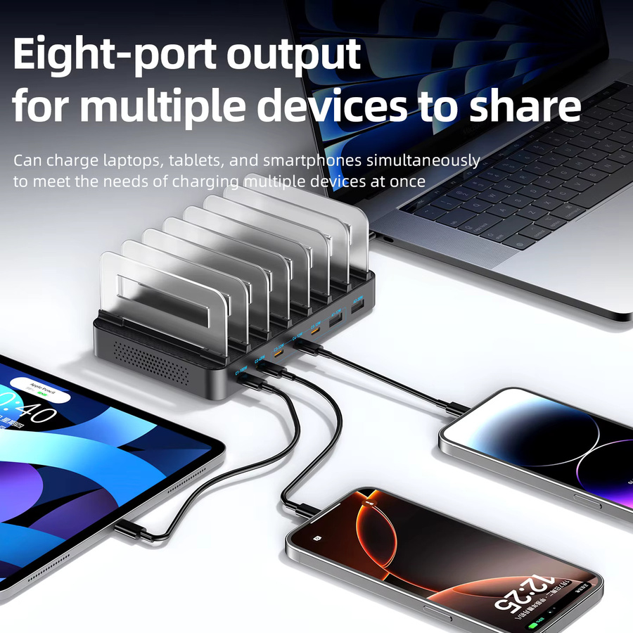 288W GaN 8-in-1 USB-C Multi-Port Desktop-Schnellladegerät mit PD3.0 in Schwarz für MacBook, iPad, iPhone und Samsung Android Geräte - Bild 2
