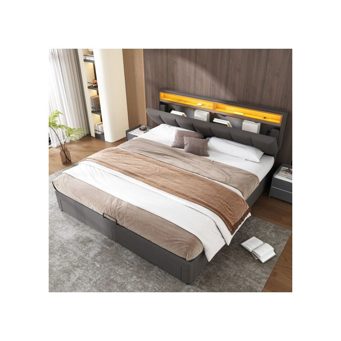 MUVOE Doppelbett mit Leinen-Polsterung und LED-Beleuchtung in Grau, B/T/H: 160 x 200 cm - Bild 2