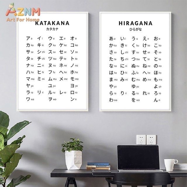 Kayou Rahmenloses Leinwandgemälde Hiragana und Katakana Diagramm Kunstdruck Japanisches Alphabet Poster in Schwarz-Weiß - Bild 1