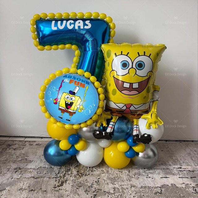 Potdemiel SpongeBob Schwammkopf Party-Ballon-Set mit blauen Zahlen-Folienballons für Kindergeburtstage, 34 Stück - Bild 1