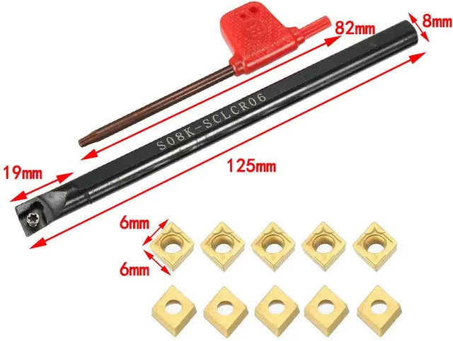 Drehwerkzeug-Set für die Drehmaschine: S08K-SCLCR06 Bohrstange mit 8 mm Durchmesser, 10 CCMT060204-HM-Einsätzen und T8-Schraubenschlüssel für Halbschlichten und Endbearbeitung, Multicolor - Bild 1