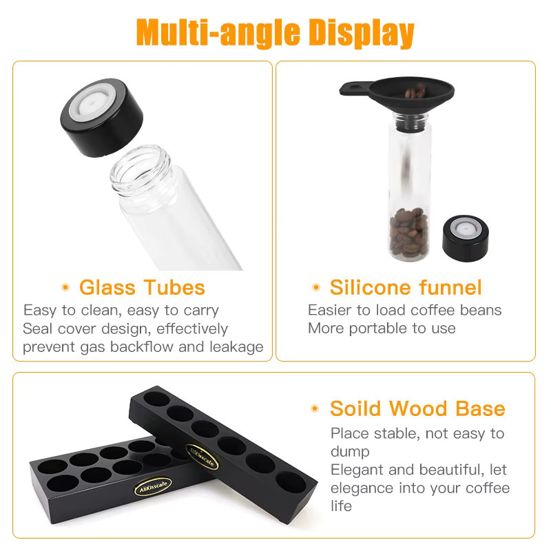 CafeGaGa Kaffeebohnen-Aufbewahrung mit Einzeldosis-Display-Rack und Trichter, transparente Glasbehälter mit Einweg-Auslassventil für Barista-Zubehör - Bild 2