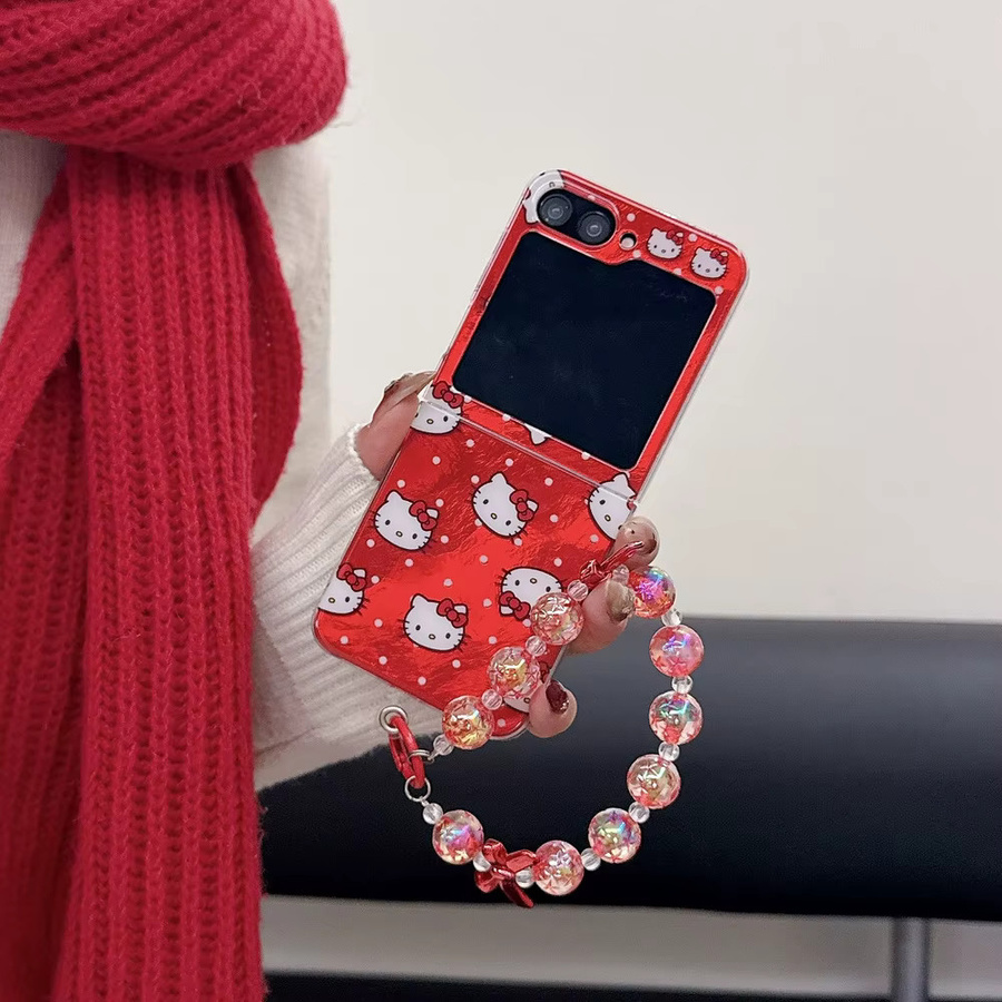 Sanrio Hello Kitty Handyhülle mit Wellenpunkt-Schleifen-Design für Samsung Galaxy Z Flip 7 6 5 4 3, rote TPU-Schutzhülle mit Trageband - Bild 2