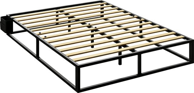 HOMCOM Doppelbett mit Lattenrost und Aufbewahrungstaschen in Schwarz, B/T: 140 x 190 cm - Bild 1