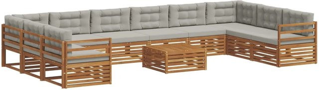 vidaXL Sofagarnitur aus Massivholz Akazie in Natur und Hellgrau, 11-teiliges Lounge-Set in U-Form mit Tisch, Bänken und Kissen - Bild 1