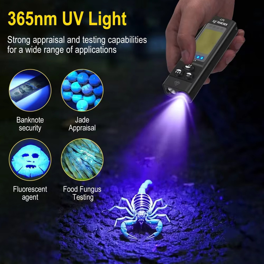 BORUiT U7 UV-LED-EDC-Taschenlampe in Schwarz mit 1100 lm, wiederaufladbar via USB-C, inklusive Powerbank-Funktion und Magnet für Camping und Arbeit - Bild 3