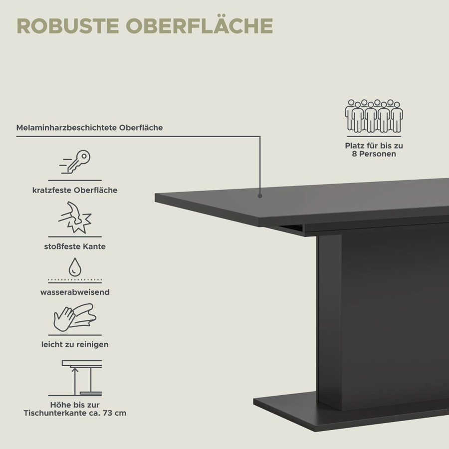 Inn.Furn Esstisch ausziehbar in Grau, moderner Küchentisch aus MDF und Metall, B/T/H: 150 x 90 x 76 cm (ausziehbar auf 190 cm) - Bild 7
