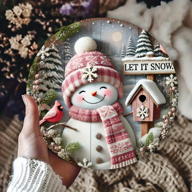 Rundes Metallschild Potdemiel mit Schneemann-Illustration in Rosa, Durchmesser: 20,32 cm - Bild 1