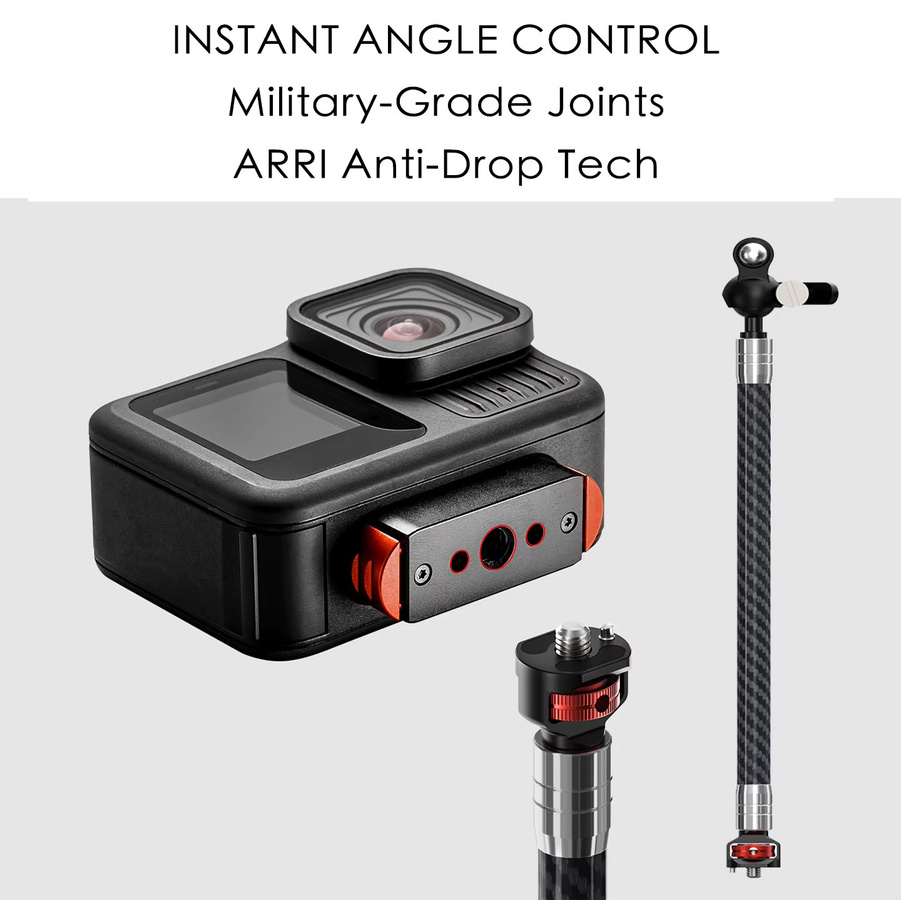 ARRI 1/4 Kugelkopfhalterung aus Carbon Fiber Rod als Helm Verlängerungsarm für GoPro und Insta360 X5 Action Kamera, Schwarz - Bild 2