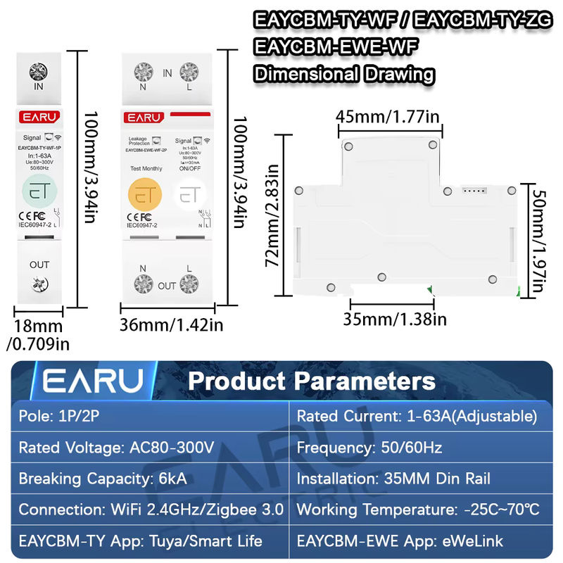 EARU Smart MCB Schutzschalter mit kWh Energiemesser und Spannungs-Stromschutz, WiFi ZigBee kompatibel, Weiß - Bild 2