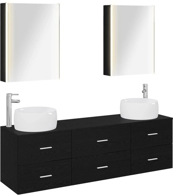 vidaXL Badezimmermöbel-Set 5-teilig in Schwarzer Eiche mit Glas, Waschtischunterschrank und Spiegelschrank mit LED-Beleuchtung, Schwarz Matt - Bild 1