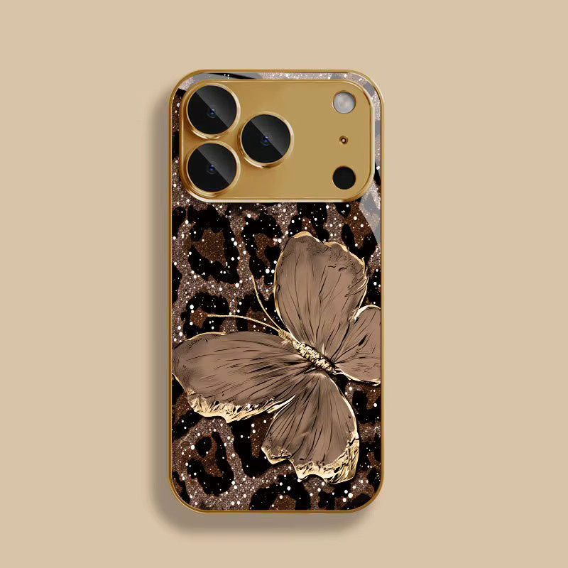 Goldfarbene iPhone Handyhülle aus Glas mit Leopardenmuster und Fallschutz für iPhone 17, 16, 15, 14, 13, 12 und 11 Pro Max - Bild 2