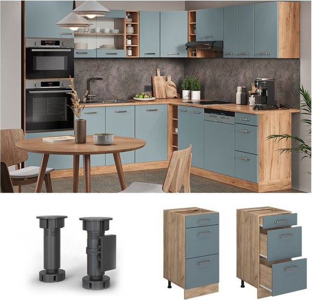 Vicco Küchenunterschrank R-Line mit Schubladen in Blau-Grau und Solid Eiche, Breite: 40 cm - Bild 1