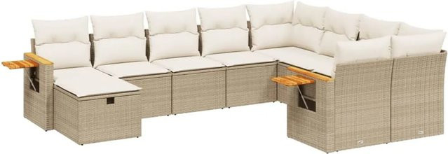 vidaXL 10-tlg Garten-Sofagarnitur in L-Form aus Poly-Rattan und Akazienholz mit Kissen in Beige - Bild 1