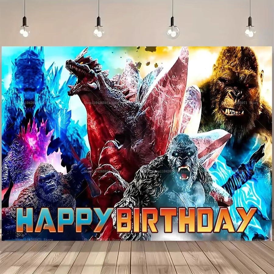 Monster Godzilla King Kong Happy Birthday Hintergrundbanner für Kinderpartys mit Tierkampf-Motiv, B/H: 150 x 100 cm, Mehrfarbig - Bild 2