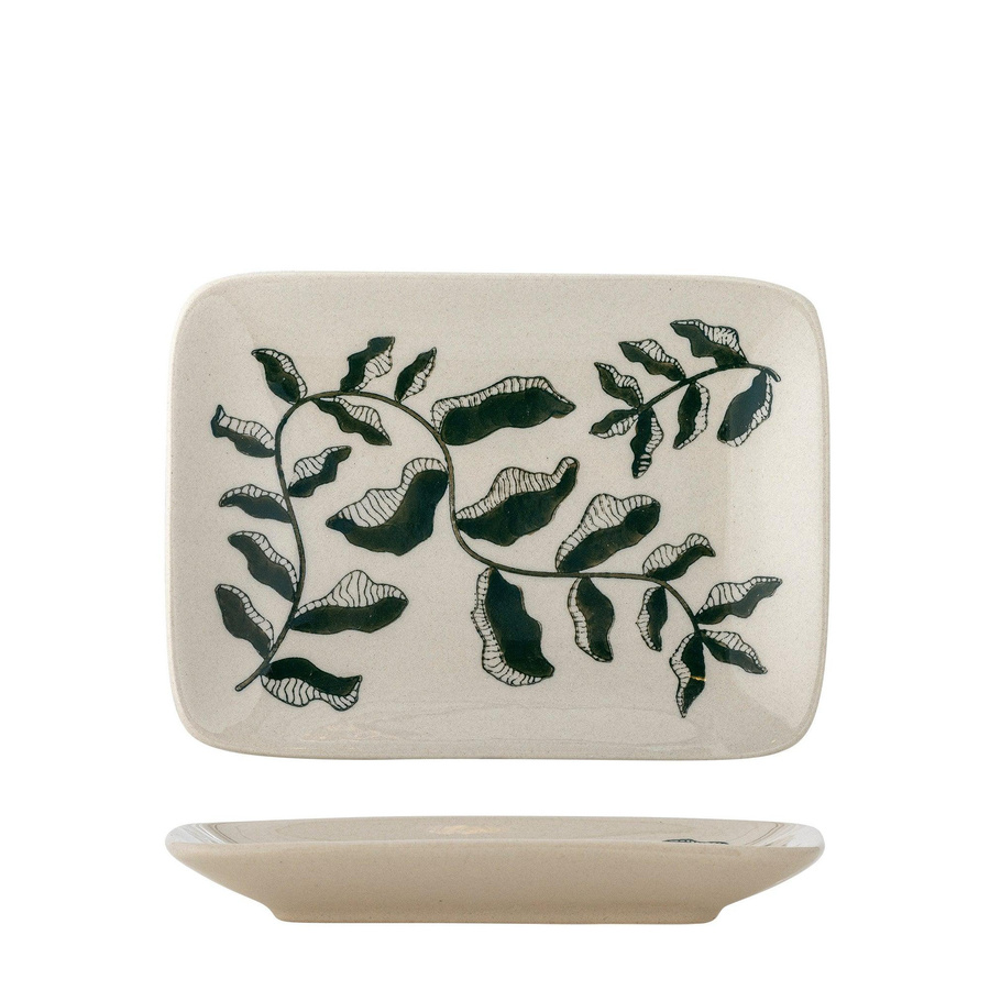 Bloomingville Fauni Teller aus Steingut in Grün und Beige mit floralem Design, Durchmesser: 15,0 cm - Bild 1