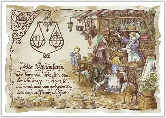 Vintage Zunftbild Verkäuferin als Grafikposter auf Antikpapier, B/H: 21,0 x 29,7 cm, Mehrfarbig - Bild 1