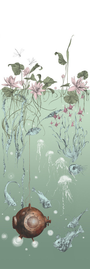 Edmond Petit Tapete Nautilus links in Aqua mit maritimen und floralen Motiven in Blau und Grün - Bild 1