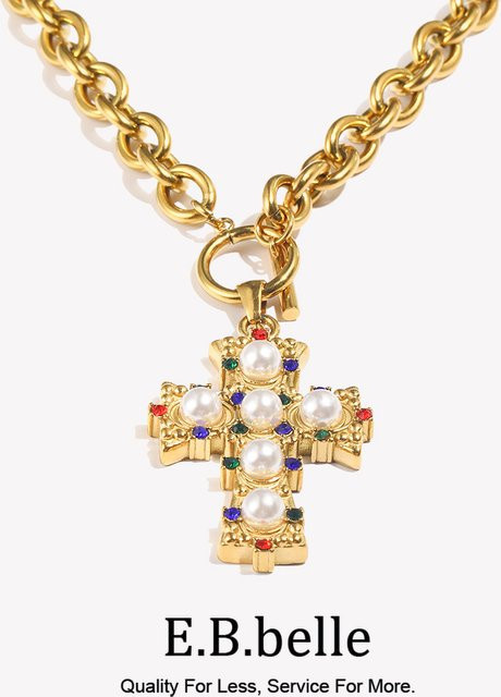 E.B.belle Halskette, blauer Strass-Perlen-Kreuz-Anhänger, 18 Karat vergoldeter Edelstahl - Bild 1