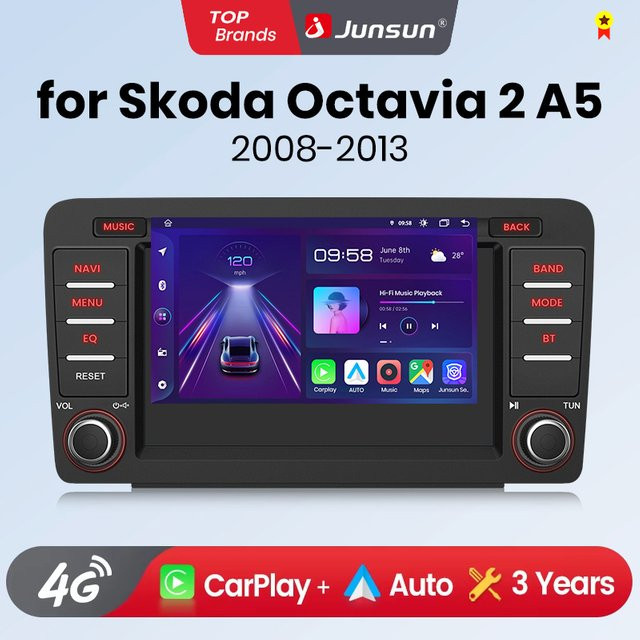 Junsun 7 Zoll Autoradio für Skoda Octavia 2 A5, 2 DIN Multimedia-System mit kabellosem CarPlay, Android Auto und 4G Unterstützung, Schwarz - Bild 1
