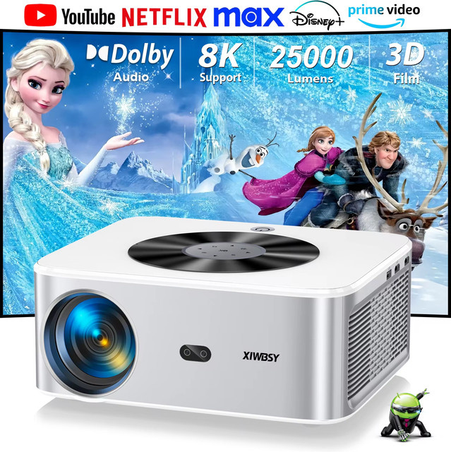 XIWBSY Autofokus-Projektor mit 1000 ANSI Lumen, Android-System, Bluetooth 5.2 und 4K/8K Video- und Audiodekodierung, Tragbares Heimkino in Weiß - Bild 1