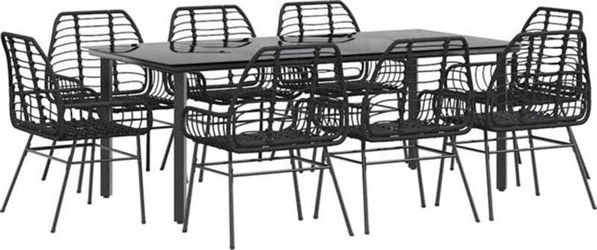 Vidaxl 9-teiliges modernes Garten-Esszimmerset aus schwarzem Polyrattan mit Glas und Metall, B/T/H: 200 x 100 x 75 cm - Bild 1