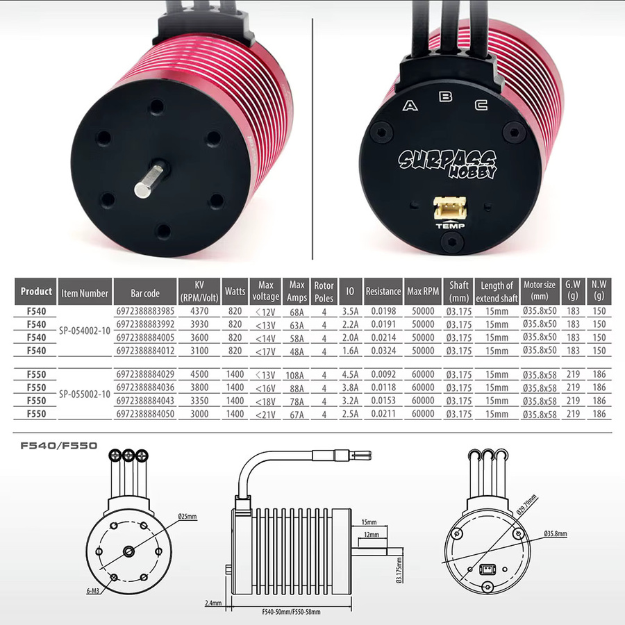 Surpass Hobby Supersonic V2 F540 F550 Brushless Motor, mit Temperatursensoranschluss, Metall, Rot - Bild 6